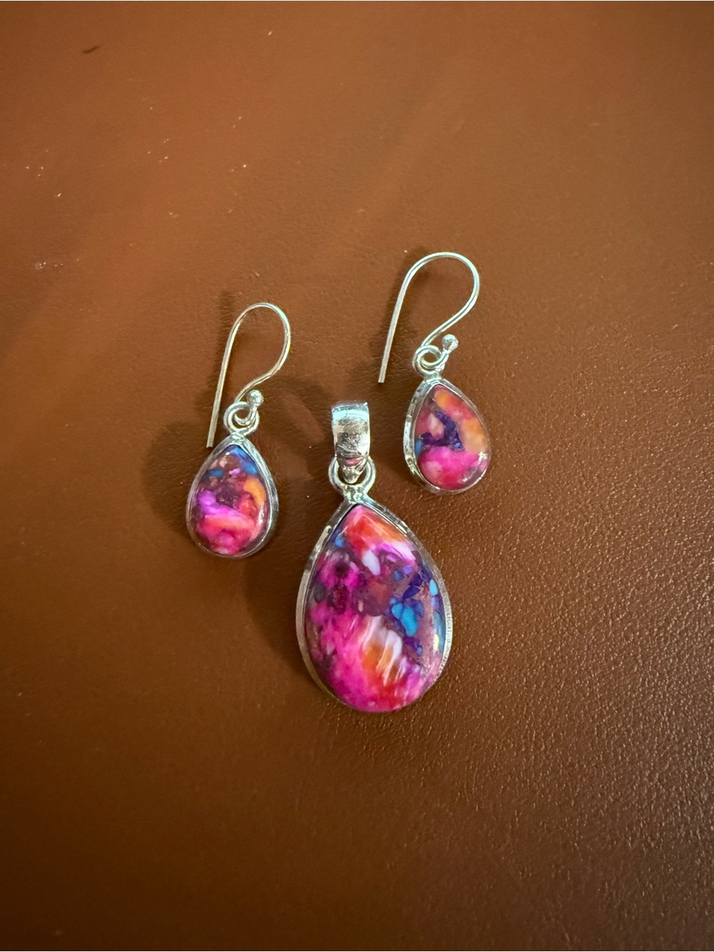Sterling Teardrop Pink Multi-Color Pendant and Earring Set